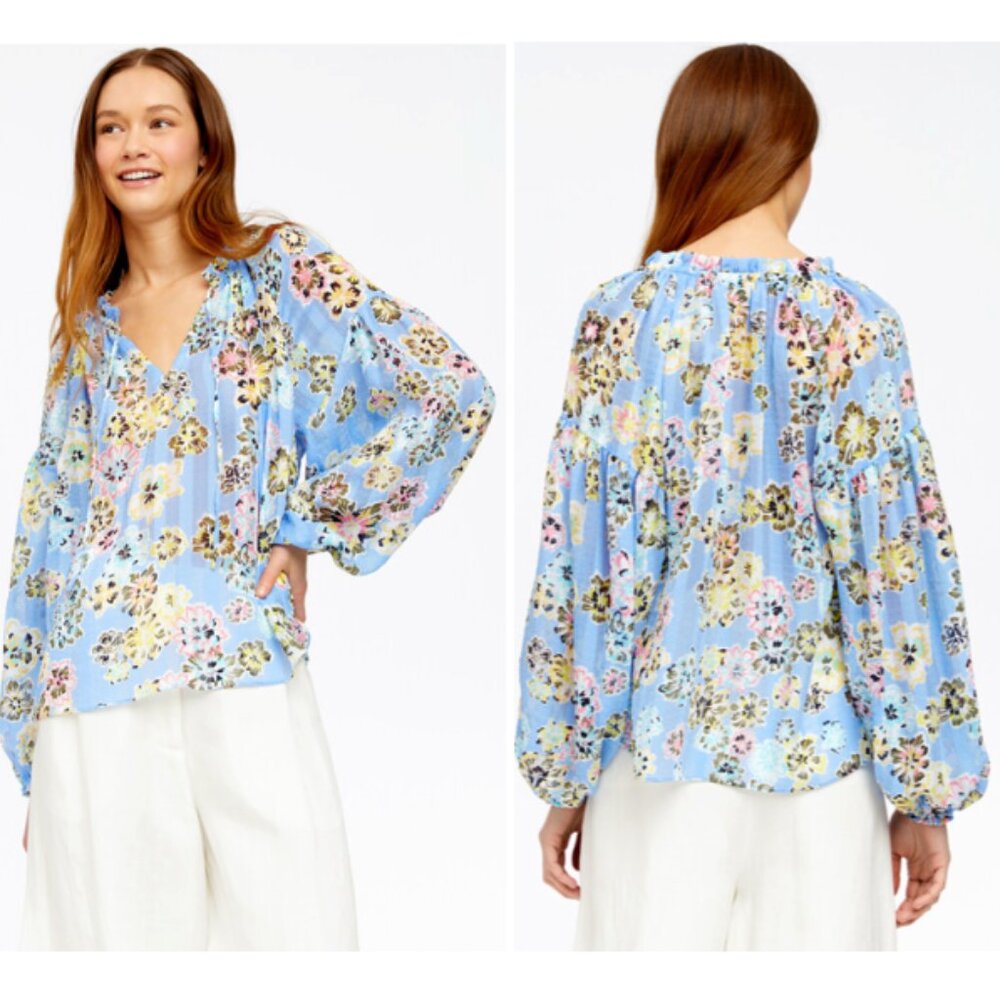 TANYA TAYLOR Priya Top Blouse Chalk Floral Oxford Blue Multicolor Size S